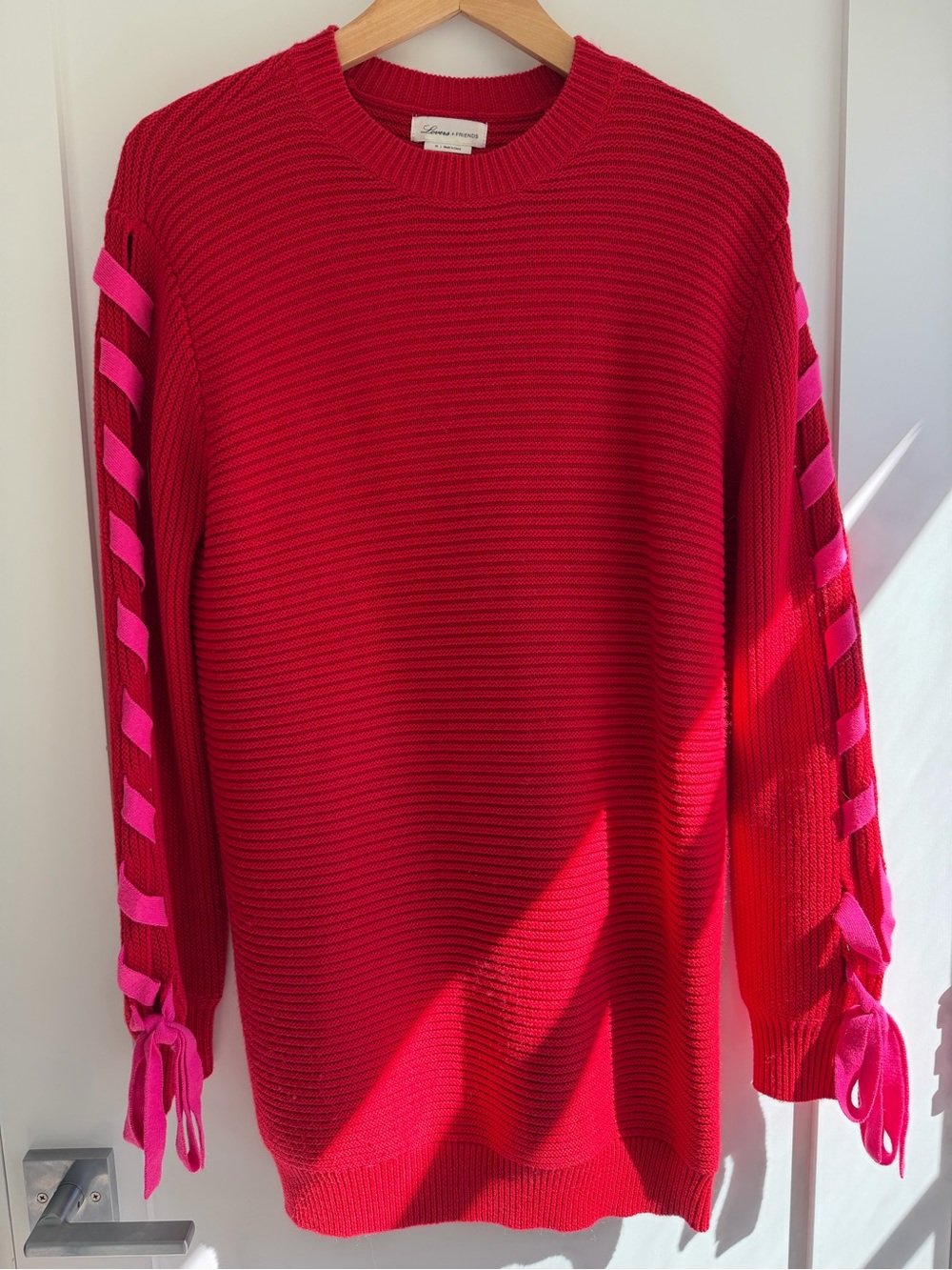 Lovers + Friends Red Crewneck Sweater Dress with Pink Ribbon Sleeve Detail
